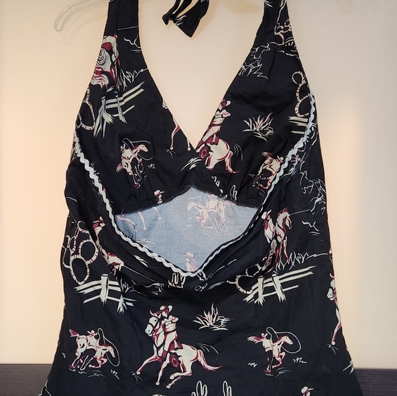 Pinup Couture Halter Top Rare Western Cowboy Print With Cute Ric Rac Trim 2x - Picture 5 of 9